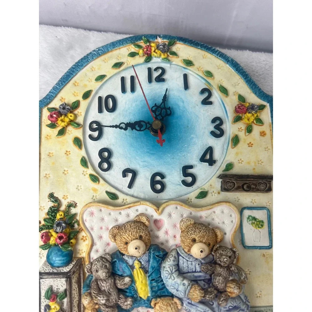Vintage Teddy Bear‎ Family 3D Resin Wall Clock Nursery Decor Blue Cream 8x6